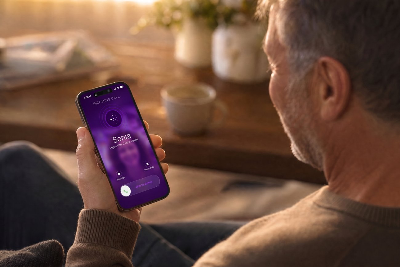 A loyalty player at home taking a friendly call from their casino's AI host