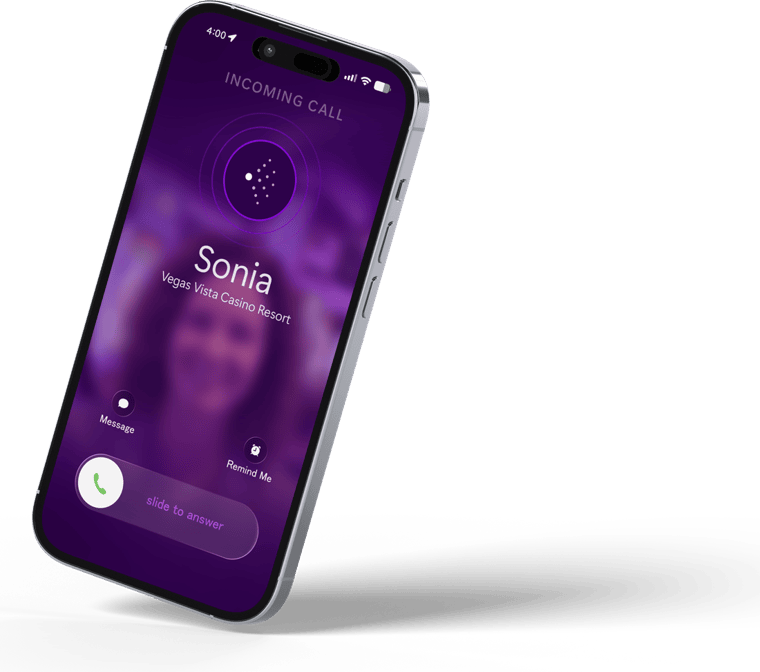 A player's phone showing an incoming Sonar call with branded caller ID from the casino