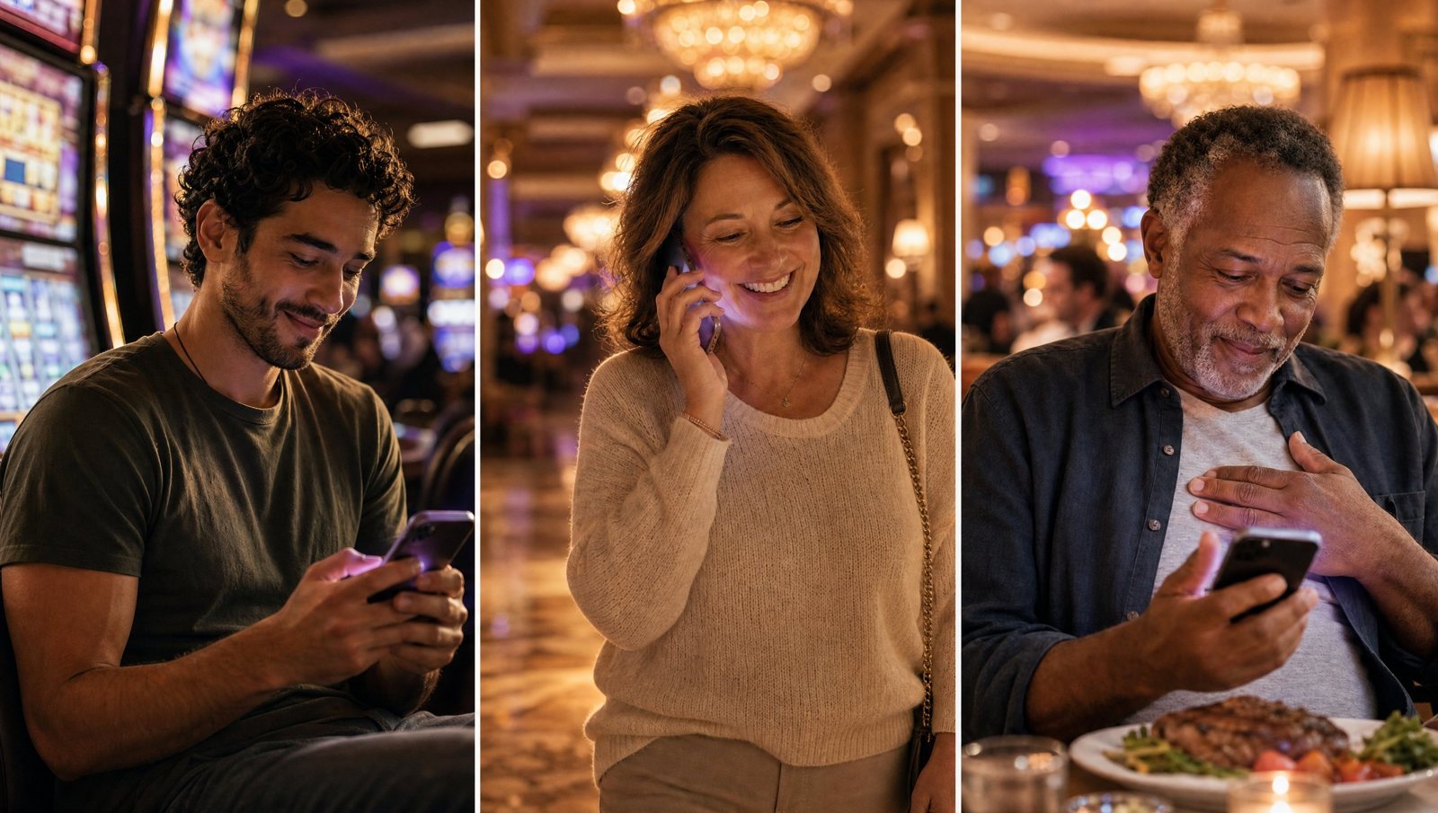 Casino loyalty players engaging on their phones on the gaming floor